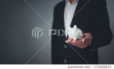 Money saving concept, Businessman holding the white piggy bank for saving money concept, Save for investment, banking, loan, home loan, Financial planning, education and healthy insurance. Money saving concept, Businessman holding the white piggy bank for saving money concept, Save for investment, banking, loan, home loan, Financial planning, education and healthy insurance. 115666635