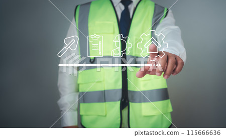 Architect or engineer Pointing finger at construction related icons, Project presentation plan, Construction cost planning, Cost calculation, construction planning, Structural calculation. 115666636