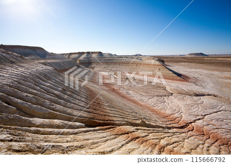 Kyzylkup rock strata landscape, Mangystau desert, Kazakhstan Kyzylkup rock strata landscape, Mangystau desert, Kazakhstan 115666792