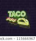 Neon taco poster. Typography with taco silhouette on brick wall background. 115666967