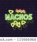 Neon nachos poster. Typography with nachos silhouettes on brick wall background. 115666968