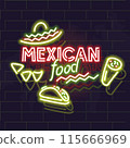 Neon mexican food poster. Typography with taco, burrito, nachos silhouettes on brick wall background. 115666969