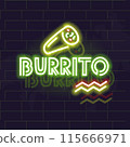 Neon burrito poster. Typography with burrito silhouette on brick wall background. 115666971