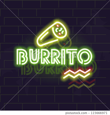 Neon burrito poster. Typography with burrito silhouette on brick wall background. 115666971