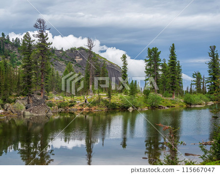 National park Ergaki in Siberia, Russia. Clear Mountain lake in deep taiga. 115667047
