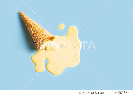waffle cone with melted yellow ice cream 115667274