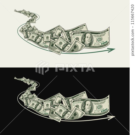 Money dollar horizontal composition like wave with 100 dollar notes, banknotes, bills. Perspective view. Illustration, design element in vintage style. Money dollar horizontal composition like wave with 100 dollar notes, banknotes, bills. Perspective view. Illustration, design element in vintage style. 115667420
