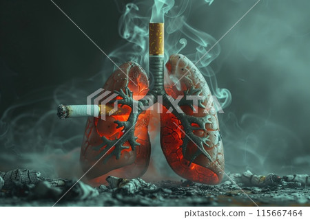 A visual of human lungs and a cigarette, symbolizing the impact on cigarettes 115667464