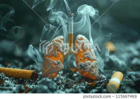 A visual of human lungs and a cigarette, symbolizing the impact on cigarettes 115667469