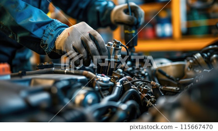 Male mechanic repairing car engine in a car service, hands closeup 115667470