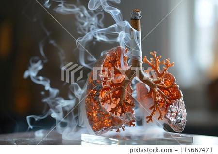 A visual of human lungs and a cigarette, symbolizing the impact on cigarettes 115667471