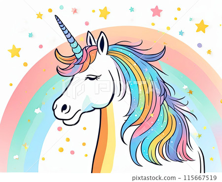Cute cartoon happy magic unicorn with rainbow on a white background. 115667519