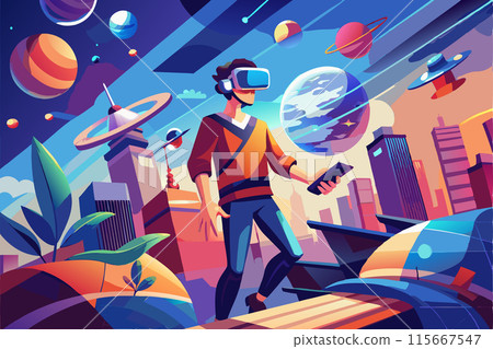 Man in VR glasses vector illustration. Window interfaces with space, cityscape. Virtual reality experience concept. Vector illustration 115667547