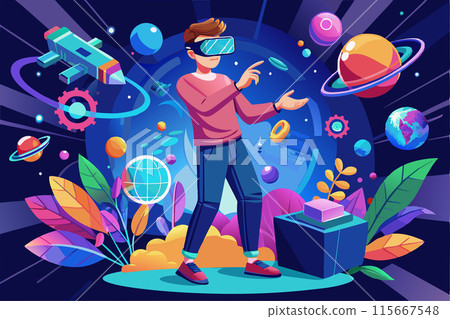 Man in VR glasses vector illustration. Window interfaces with space, cityscape. Virtual reality experience concept. Vector illustration 115667548