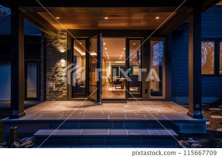 A house with a large open door and a staircase leading up to the front door 115667709