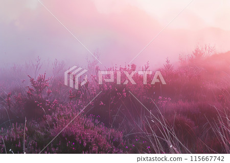 A field of pink flowers with a hazy, foggy atmosphere 115667742