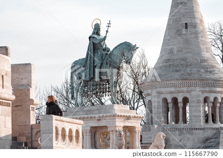 Equestrian statue of Statue of Stephen I at Fisherman's Bastion. Budapest, Hungary 115667790