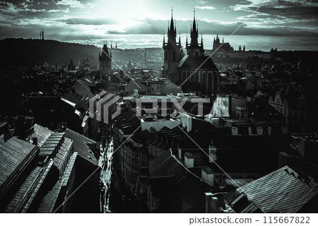 Sunset over Prague. Czech Republic. Monochrome photo 115667822