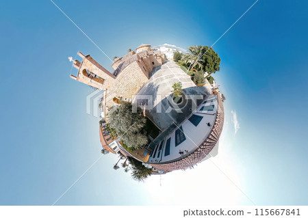 Tiny planet panorama of a medieval Church of Virgin Mary Chrisaliniotissas. Nicosia, Cyprus 115667841