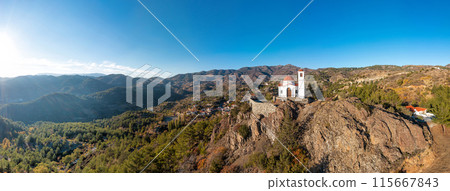 Panoramic view of a Prophet Elias church on cliff overlooking Troodos mountains. Agridia village, Limassol District, Cyprus 115667843