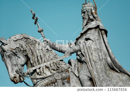 Equestrian statue of Statue of Stephen I of Hungary at Fisherman's Bastion. Budapest, Hungary Equestrian statue of Statue of Stephen I of Hungary at Fisherman's Bastion. Budapest, Hungary 115667856