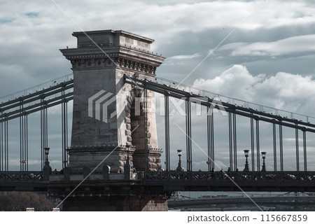 Szechenyi Chain Bridge under moody skies. Budapest, Hungary 115667859