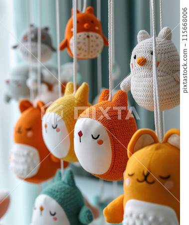 Baby crib mobile with handmade knitted soft toys different unusual characters on ropes. Eco-friendly funny toy for newborn crib 115668006