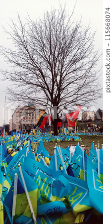 Kyiv, Ukraine March 15, 2024: Ukrainian flags in support of the Ukrainian Military Forces in the center of Kyiv during the war with Russia 115668074