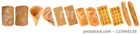 Collection freshly baked bread products isolated on white 115668138