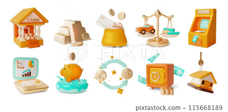 3d Banking Concept Set Cartoon Design Style Include of Bank Building, Safe Box and Purse Wallet. Vector illustration 115668189