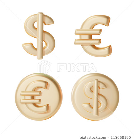 3d Euro and Dollar Coins Set Cartoon Design Style Isolated on a White Background. Vector illustration of Golden Coin 115668190