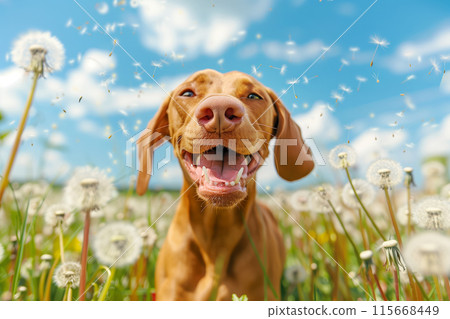 Dramatic close up of a funny Vizsla dog in a field of dandelions looking at flying seeds 115668449