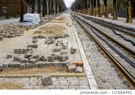 Street reconstruction, tree trunks with board covers, newly replaced tram tracks, unfinished pavement 115668493