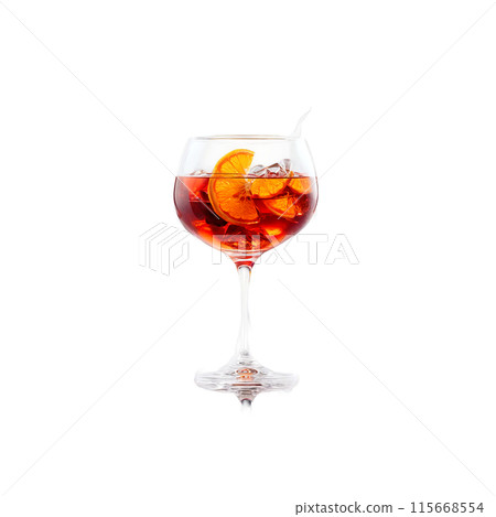 Negroni glass short and filled with deep red bitter cocktail one empty and one garnished 115668554