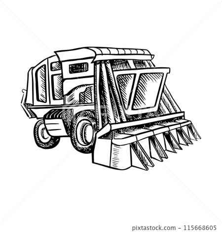 Cotton harvester. Black and white vector graphic illustration drawn by hand. Detailed linear drawing of a modern cotton harvester used in agriculture for efficient harvesting. 115668605