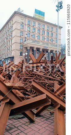 Kyiv, Ukraine March 15, 2024: A huge number of anti-tank barrier hedgehogs on the main street in Kyiv Kyiv, Ukraine March 15, 2024: A huge number of anti-tank barrier hedgehogs on the main street in Kyiv 115668920