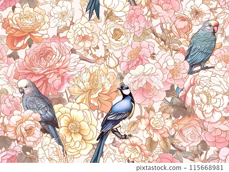 Blossom trees with sparrow and parrots  115668981