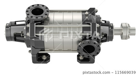 Horizontal Multistage Centrifugal Pump, side view. 3D rendering Horizontal Multistage Centrifugal Pump, side view. 3D rendering 115669039