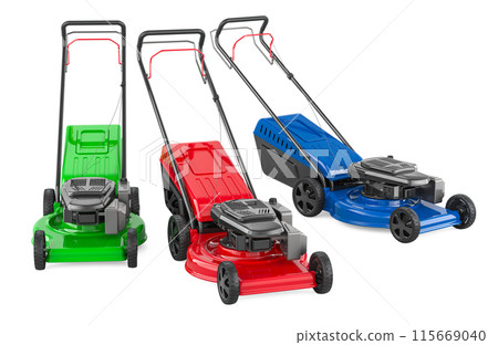 Lawn mowers, colored. 3D rendering Lawn mowers, colored. 3D rendering 115669040