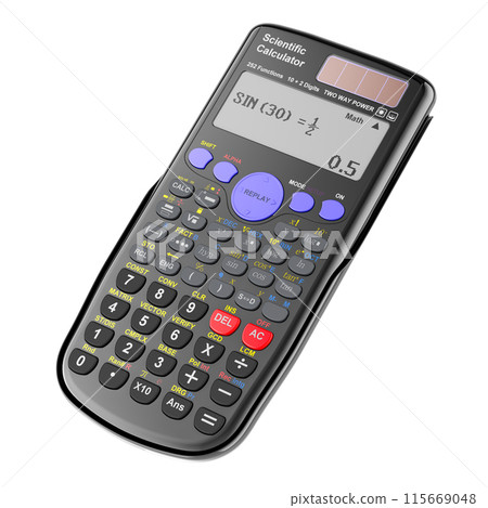 Scientific calculator, black color. 3D rendering Scientific calculator, black color. 3D rendering 115669048