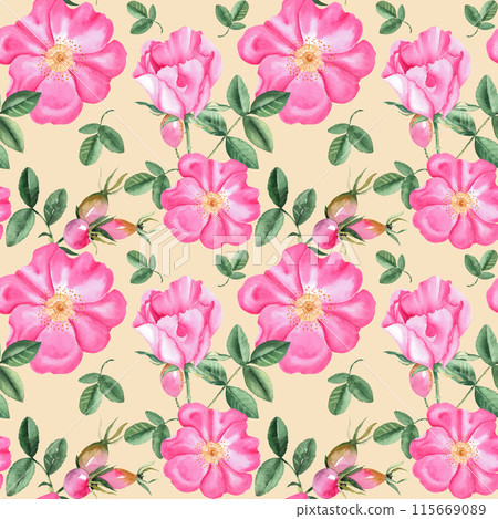 Dog rose Floral Watercolor seamless pattern on beige background. Hand drawn botanical illustration. Rose hip flowers, buds, branches and berries. Can be used for fabric, textile, packaging prints 115669089