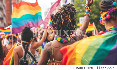 Crowd celebrating with rainbow flags at a public event Crowd celebrating with rainbow flags at a public event 115669097