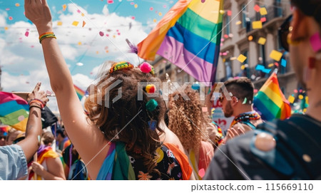 Crowd celebrating with rainbow flags at a public event Crowd celebrating with rainbow flags at a public event 115669110