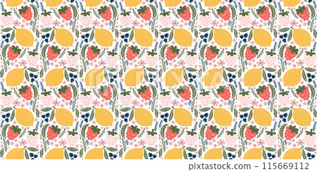 Whimsical seamless pattern adorned with illustrations of white strawberries, raspberries, lemons, blackberries, pink flowers, and green leaves, creating a playful and modern design. 115669112
