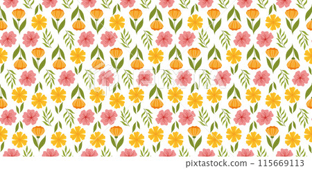 Seamless layout displaying floral elements. Botanical-inspired recurring fabric or wallpaper pattern with orange flower on stem with leaf, yellow flower, cherry blossom, and leaves. Seamless layout displaying floral elements. Botanical-inspired recurring fabric or wallpaper pattern with orange flower on stem with leaf, yellow flower, cherry blossom, and leaves. 115669113