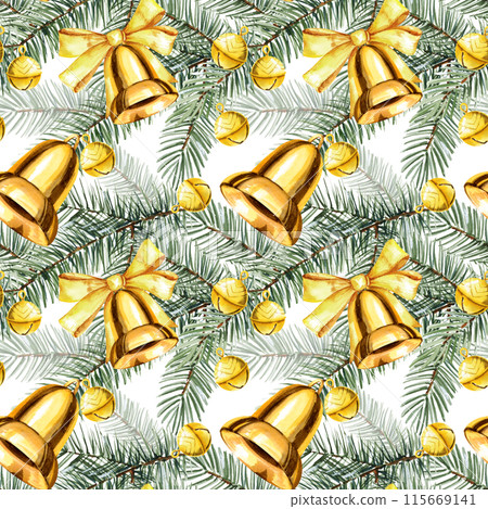 watercolor seamless pattern with Christmas tree with golden Christmas bells, bows, hand drawn sketch of green fir branches with Christmas tree toys, on white background, winter illustration watercolor seamless pattern with Christmas tree with golden Christmas bells, bows, hand drawn sketch of green fir branches with Christmas tree toys, on white background, winter illustration 115669141