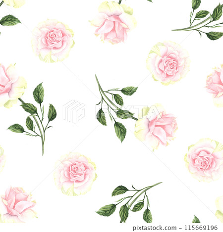 Seamless pattern with pink flowers and leaves... - Stock Illustration ...