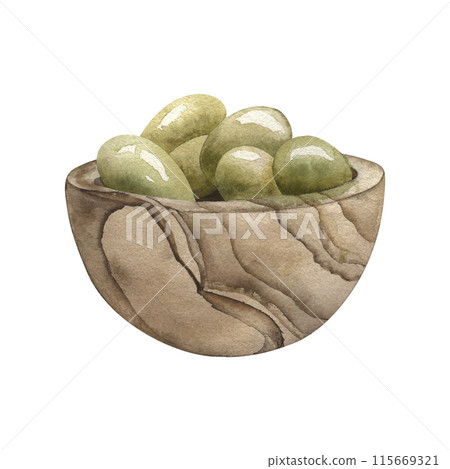 Olives, olive, green, wooden plate, olive oil, food, cooking, Greece. The illustration is painted in watercolor on a white background. For packaging design, textiles, fabrics, postcards, invitations. 115669321