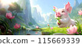Banner Happy Adorable Pink Pig, Piglet Eating Grass in Blooming Sunny Meadow near the Lake, Mountains on Background. Copy Space For Text. AI Generated. Horizontal Plane 115669339