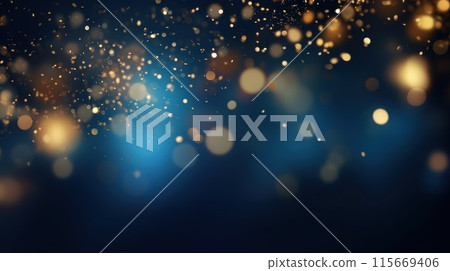 Golden glitter vintage lights background. Gold bokeh light on deep blue backdrop 115669406